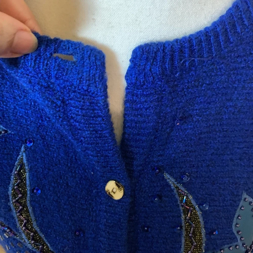Vintage‎ Embroidered Beads Faux Leather Blue Floral Women's Cardigan Sweater - Picture 5 of 10